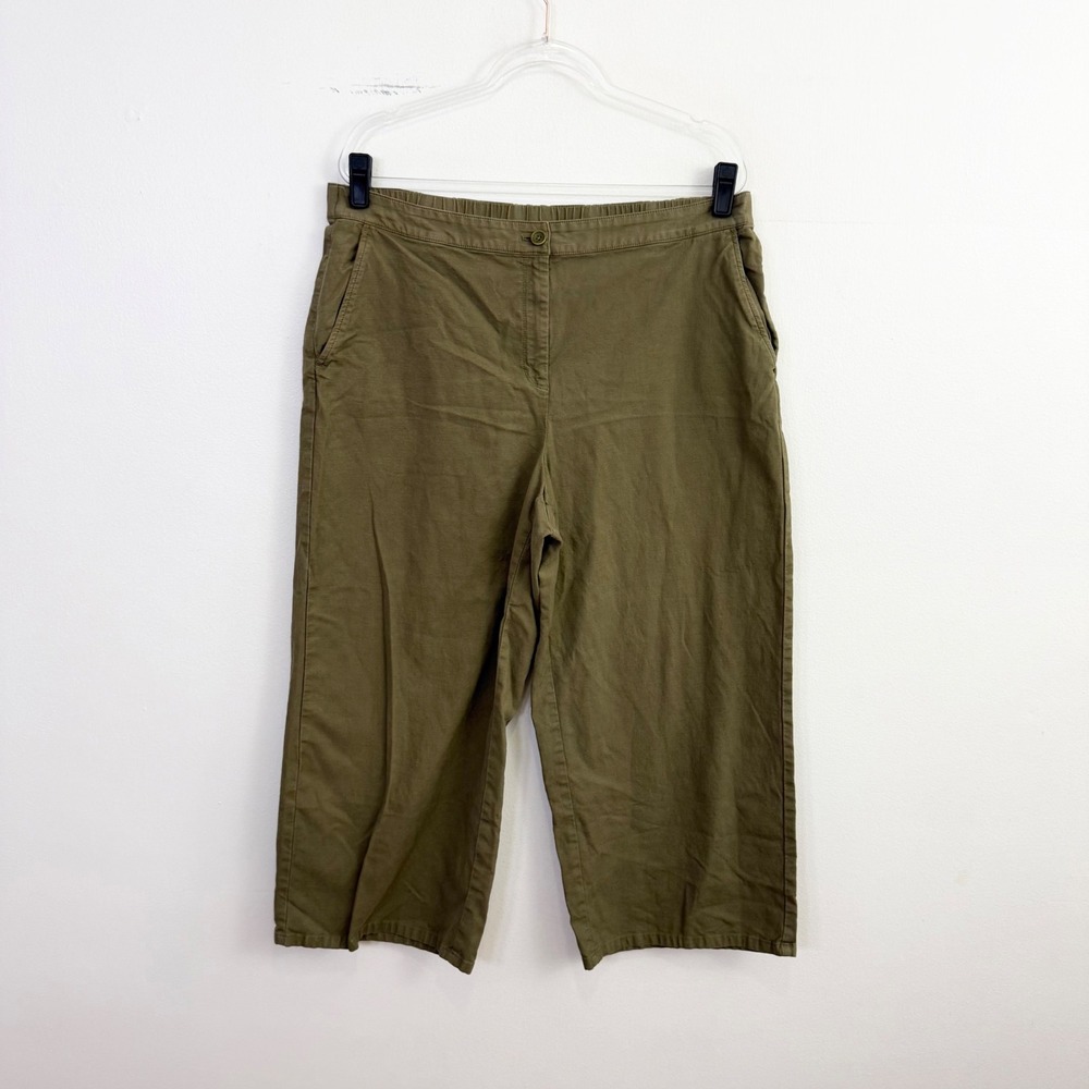 Eileen Fisher Organic Cotton Hemp Blend Cropped Wide Leg Pants Olive XL‎